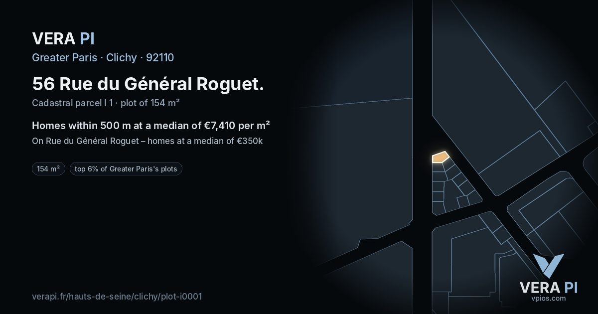 56 Rue du Général Roguet, Clichy at night – the plot lit, the parcels around coloured by the prices near them