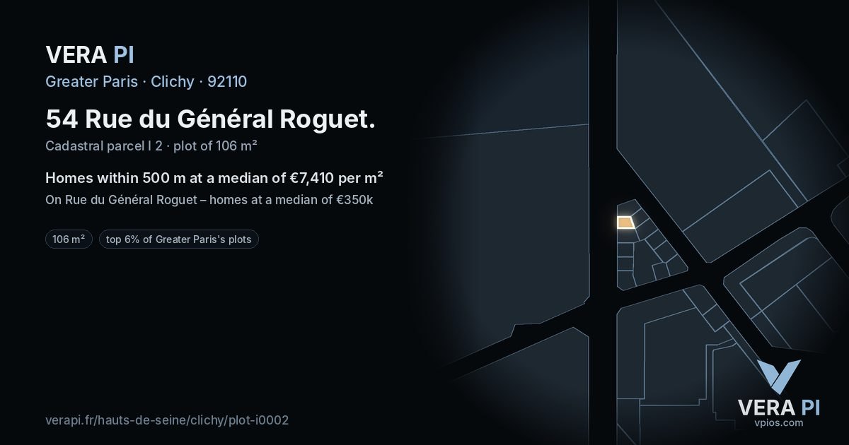 54 Rue du Général Roguet, Clichy at night – the plot lit, the parcels around coloured by the prices near them