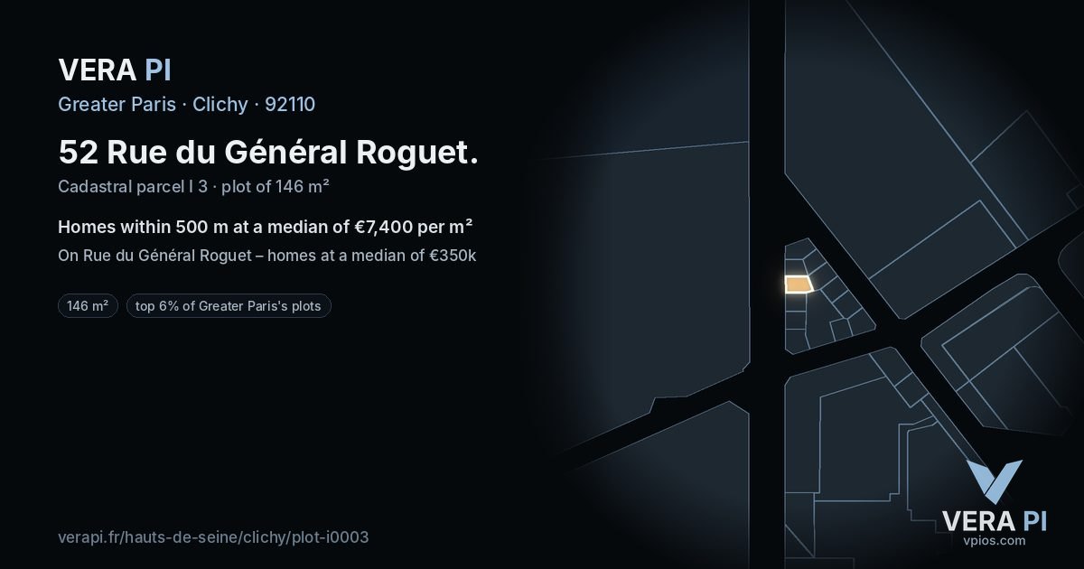 52 Rue du Général Roguet, Clichy at night – the plot lit, the parcels around coloured by the prices near them