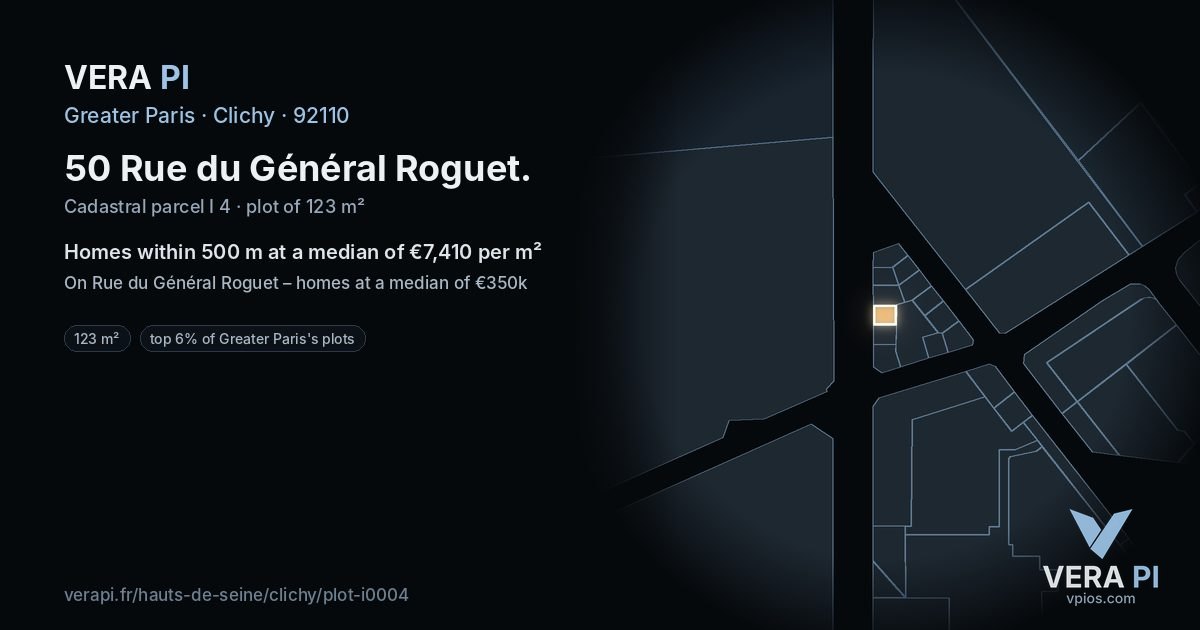 50 Rue du Général Roguet, Clichy at night – the plot lit, the parcels around coloured by the prices near them