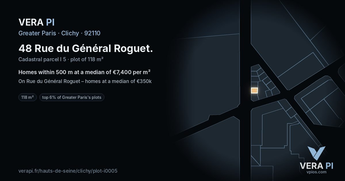 48 Rue du Général Roguet, Clichy at night – the plot lit, the parcels around coloured by the prices near them