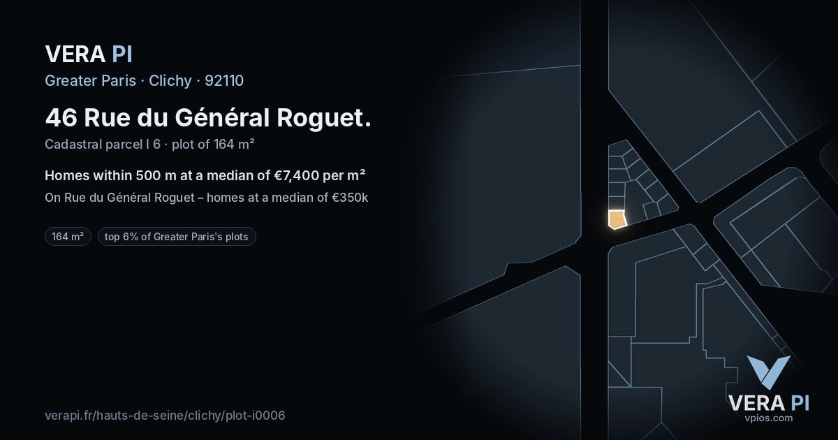 46 Rue du Général Roguet, Clichy at night – the plot lit, the parcels around coloured by the prices near them