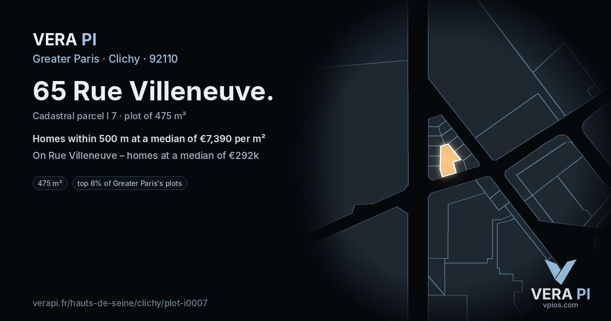 65 Rue Villeneuve, Clichy at night – the plot lit, the parcels around coloured by the prices near them