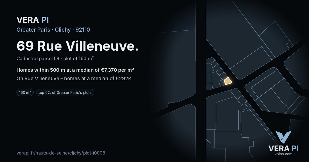 69 Rue Villeneuve, Clichy at night – the plot lit, the parcels around coloured by the prices near them