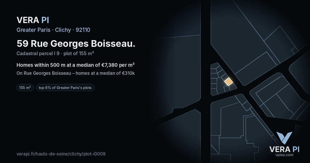 59 Rue Georges Boisseau, Clichy at night – the plot lit, the parcels around coloured by the prices near them