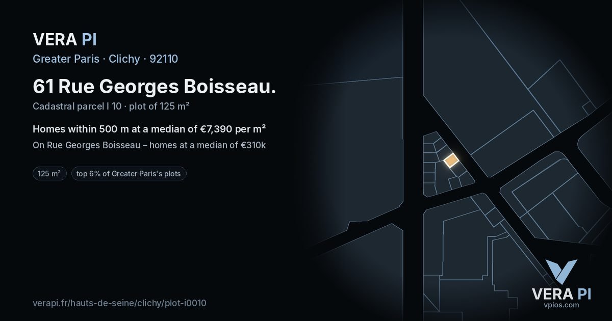 61 Rue Georges Boisseau, Clichy at night – the plot lit, the parcels around coloured by the prices near them