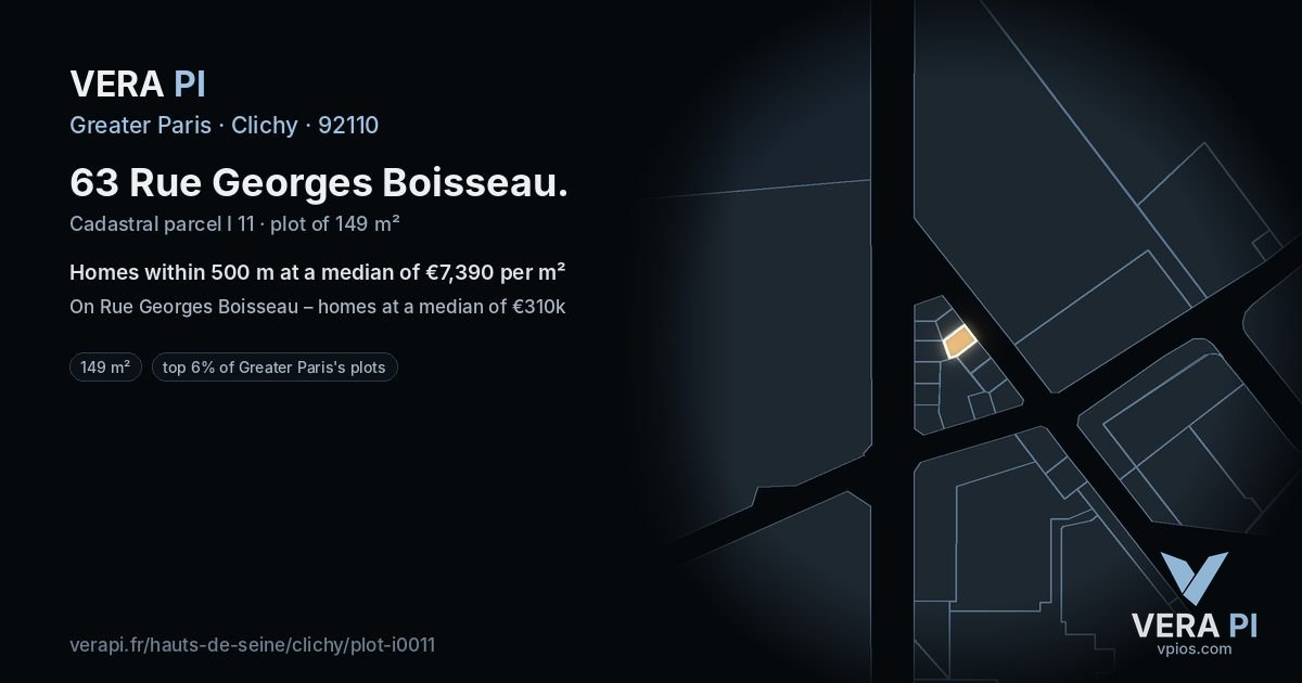 63 Rue Georges Boisseau, Clichy at night – the plot lit, the parcels around coloured by the prices near them
