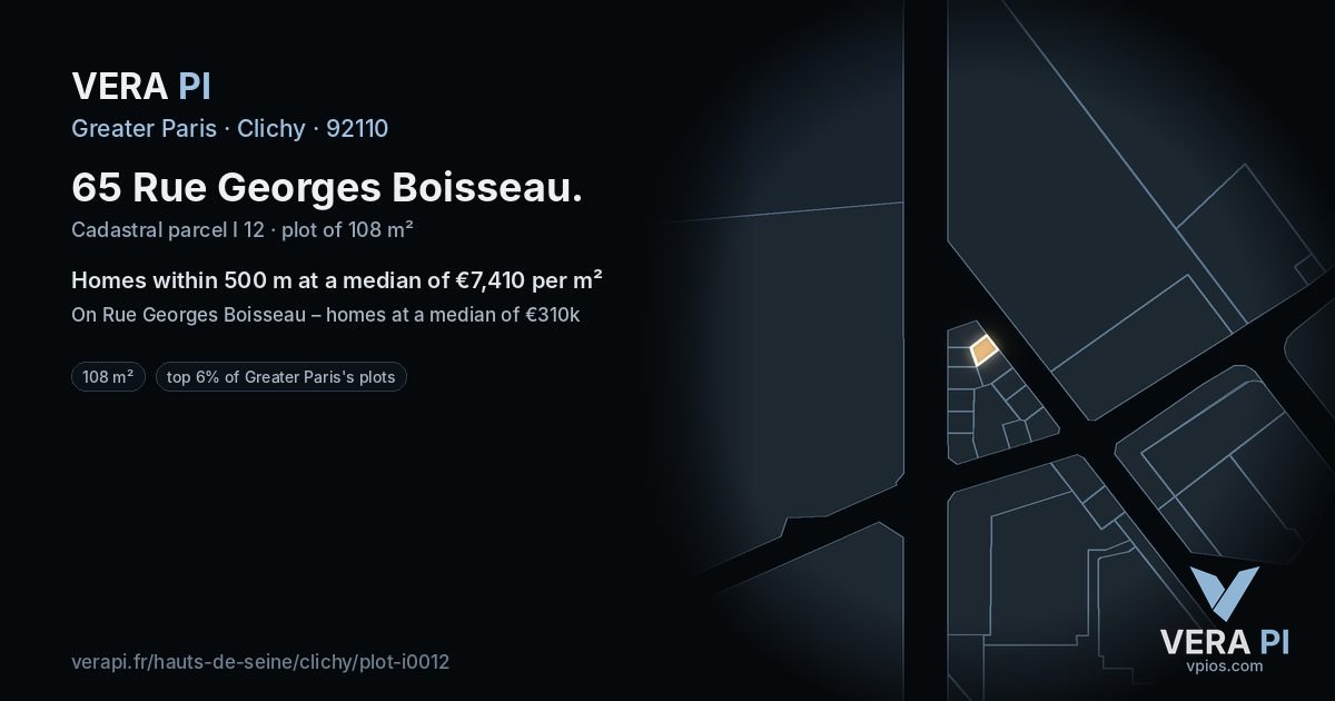 65 Rue Georges Boisseau, Clichy at night – the plot lit, the parcels around coloured by the prices near them