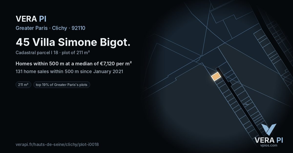 45 Villa Simone Bigot, Clichy at night – the plot lit, the parcels around coloured by the prices near them