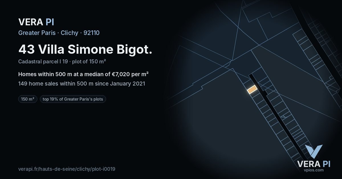 43 Villa Simone Bigot, Clichy at night – the plot lit, the parcels around coloured by the prices near them