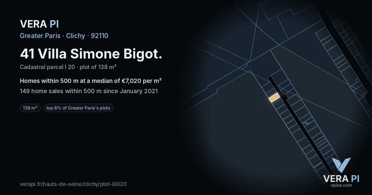 41 Villa Simone Bigot, Clichy at night – the plot lit, the parcels around coloured by the prices near them