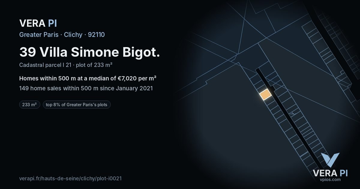 39 Villa Simone Bigot, Clichy at night – the plot lit, the parcels around coloured by the prices near them