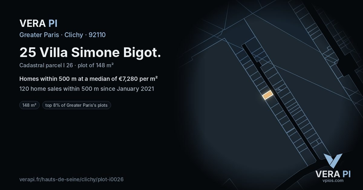 25 Villa Simone Bigot, Clichy at night – the plot lit, the parcels around coloured by the prices near them