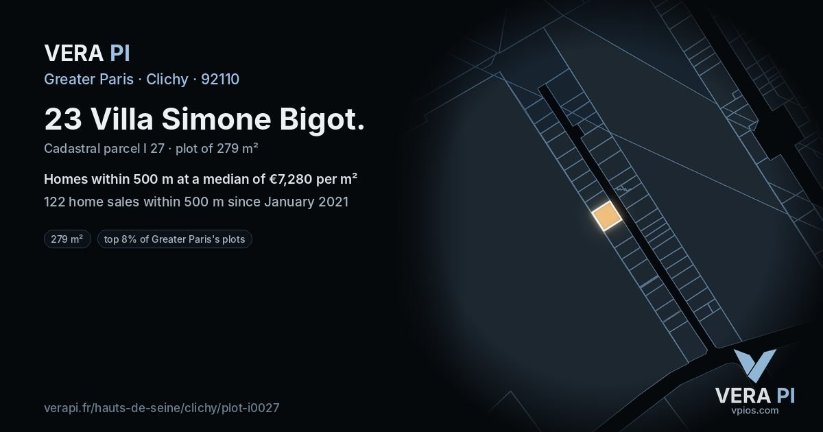 23 Villa Simone Bigot, Clichy at night – the plot lit, the parcels around coloured by the prices near them