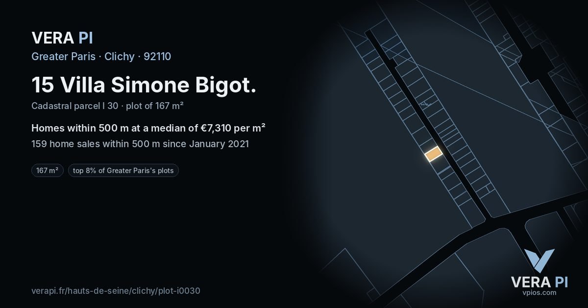 15 Villa Simone Bigot, Clichy at night – the plot lit, the parcels around coloured by the prices near them