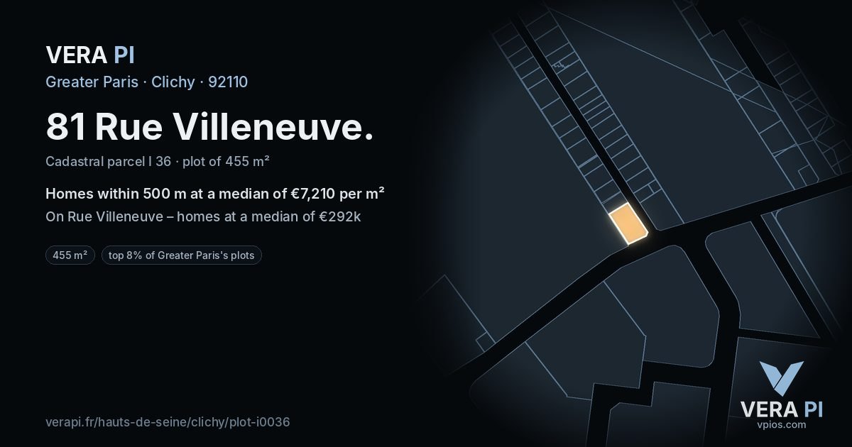 81 Rue Villeneuve, Clichy at night – the plot lit, the parcels around coloured by the prices near them