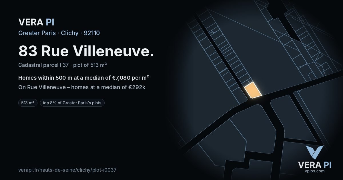 83 Rue Villeneuve, Clichy at night – the plot lit, the parcels around coloured by the prices near them