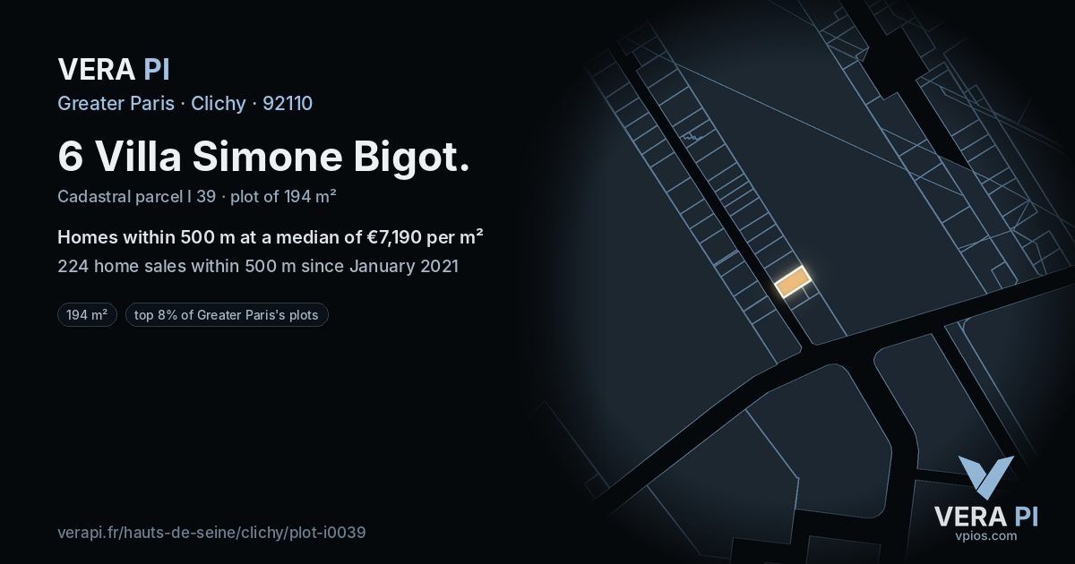 6 Villa Simone Bigot, Clichy at night – the plot lit, the parcels around coloured by the prices near them