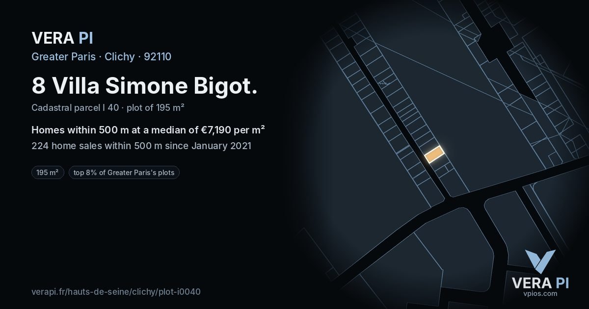8 Villa Simone Bigot, Clichy at night – the plot lit, the parcels around coloured by the prices near them