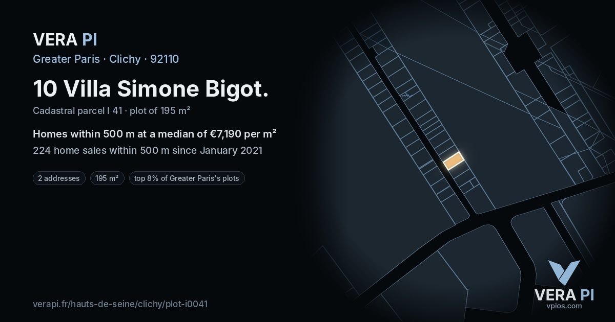 10 Villa Simone Bigot, Clichy at night – the plot lit, the parcels around coloured by the prices near them