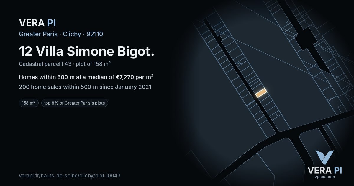 12 Villa Simone Bigot, Clichy at night – the plot lit, the parcels around coloured by the prices near them