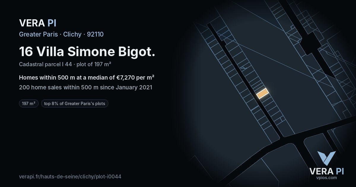 16 Villa Simone Bigot, Clichy at night – the plot lit, the parcels around coloured by the prices near them