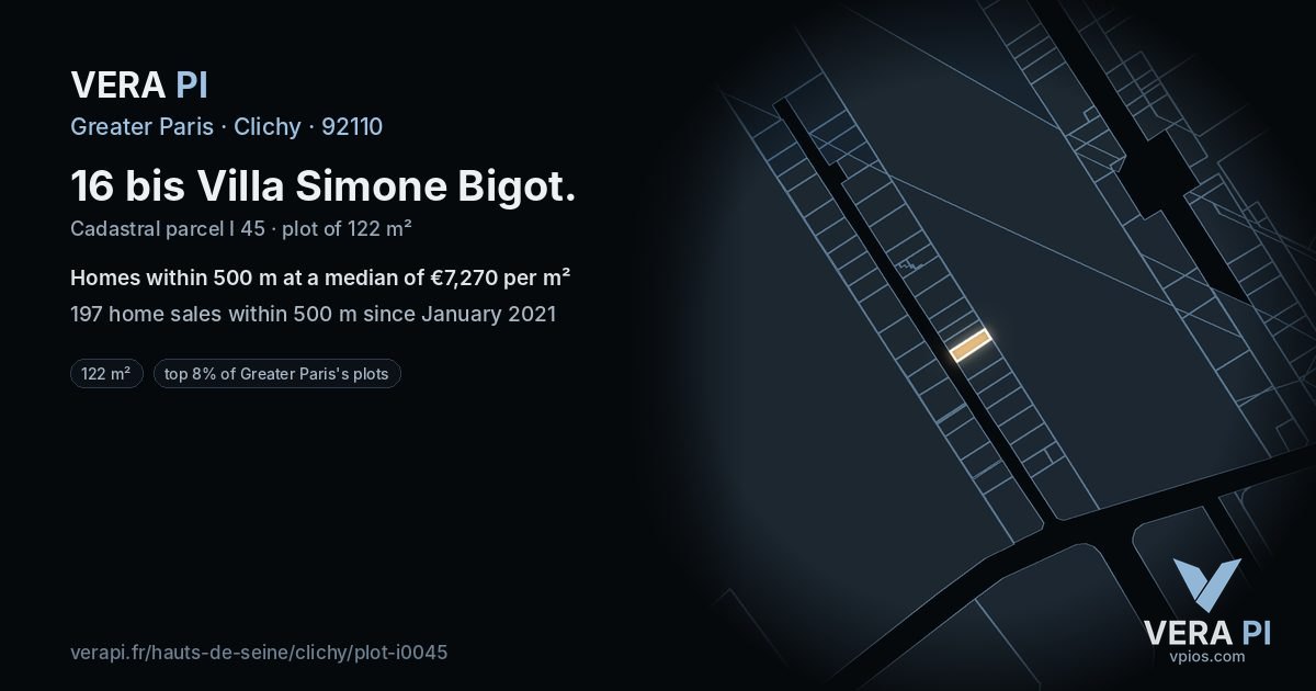 16 bis Villa Simone Bigot, Clichy at night – the plot lit, the parcels around coloured by the prices near them