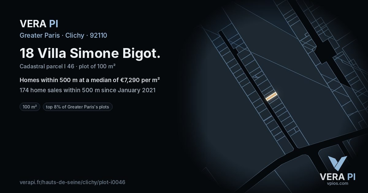 18 Villa Simone Bigot, Clichy at night – the plot lit, the parcels around coloured by the prices near them