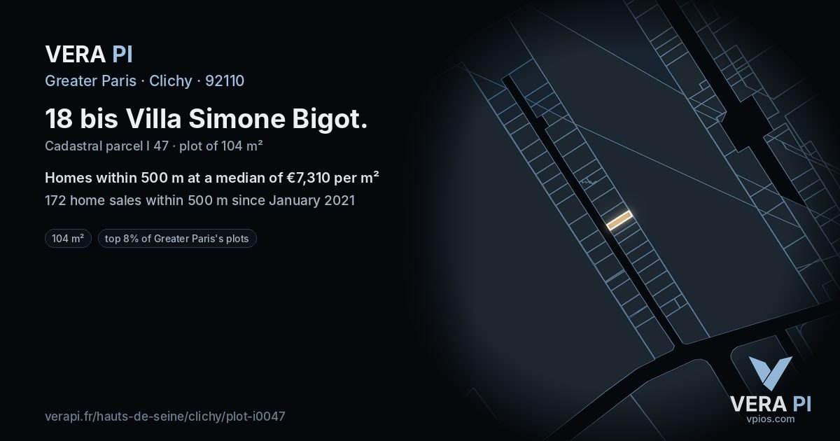 18 bis Villa Simone Bigot, Clichy at night – the plot lit, the parcels around coloured by the prices near them