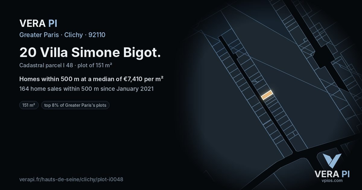 20 Villa Simone Bigot, Clichy at night – the plot lit, the parcels around coloured by the prices near them