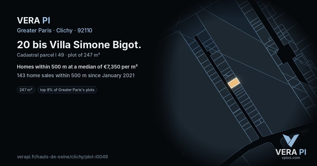 20 bis Villa Simone Bigot, Clichy at night – the plot lit, the parcels around coloured by the prices near them