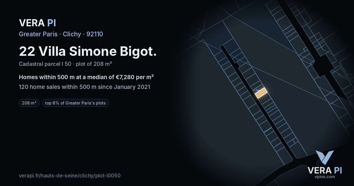 22 Villa Simone Bigot, Clichy at night – the plot lit, the parcels around coloured by the prices near them