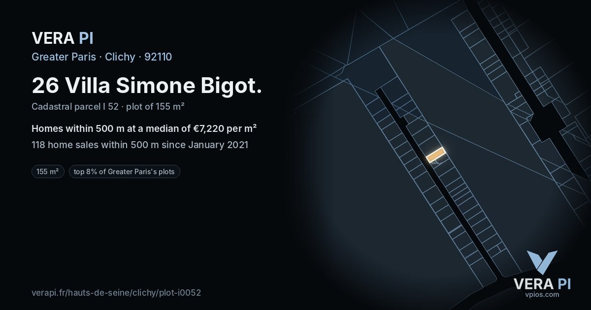 26 Villa Simone Bigot, Clichy at night – the plot lit, the parcels around coloured by the prices near them