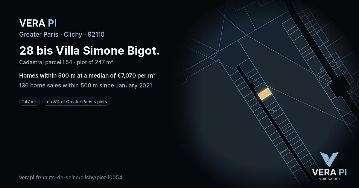 28 bis Villa Simone Bigot, Clichy at night – the plot lit, the parcels around coloured by the prices near them