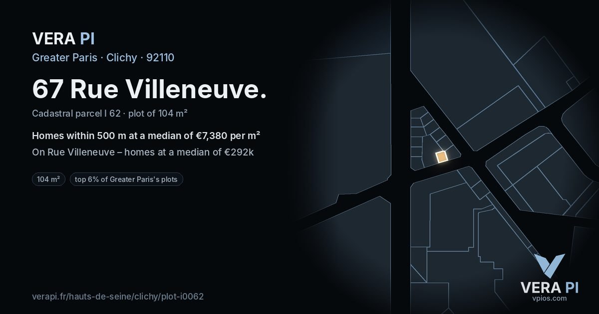 67 Rue Villeneuve, Clichy at night – the plot lit, the parcels around coloured by the prices near them