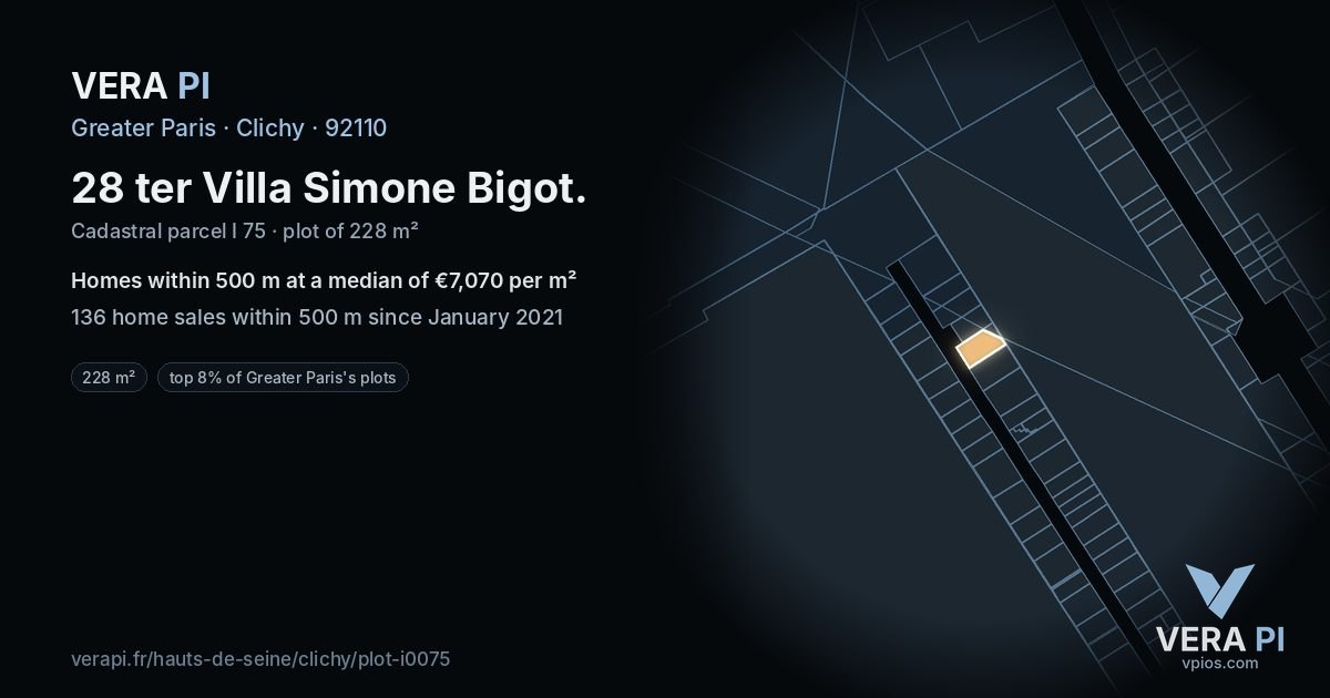 28 ter Villa Simone Bigot, Clichy at night – the plot lit, the parcels around coloured by the prices near them