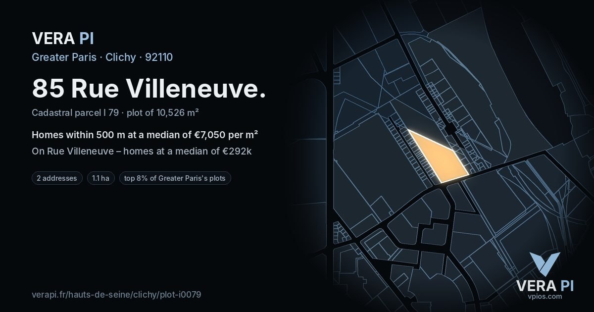 85 Rue Villeneuve, Clichy at night – the plot lit, the parcels around coloured by the prices near them