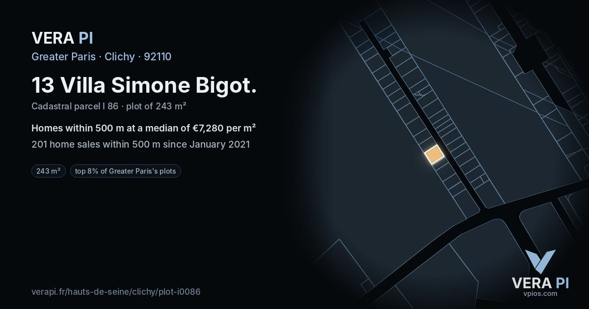 13 Villa Simone Bigot, Clichy at night – the plot lit, the parcels around coloured by the prices near them
