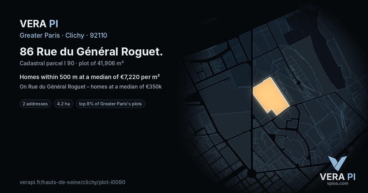 86 Rue du Général Roguet, Clichy at night – the plot lit, the parcels around coloured by the prices near them