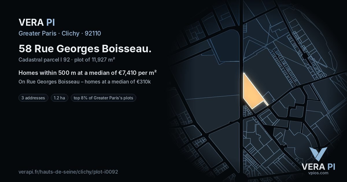 58 Rue Georges Boisseau, Clichy at night – the plot lit, the parcels around coloured by the prices near them