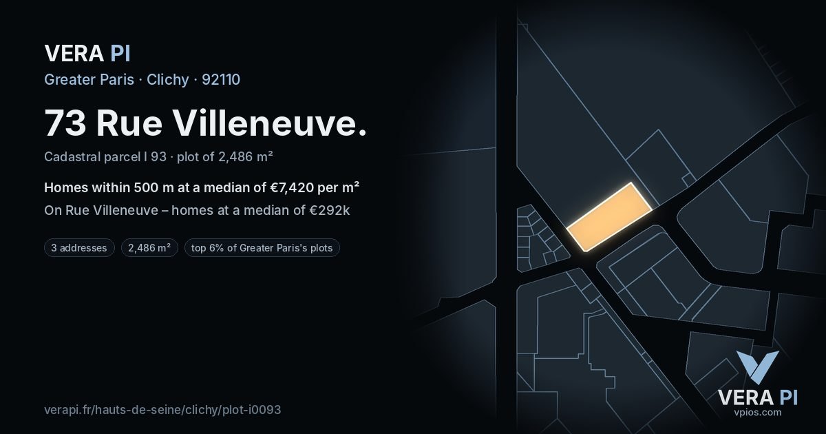 73 Rue Villeneuve, Clichy at night – the plot lit, the parcels around coloured by the prices near them