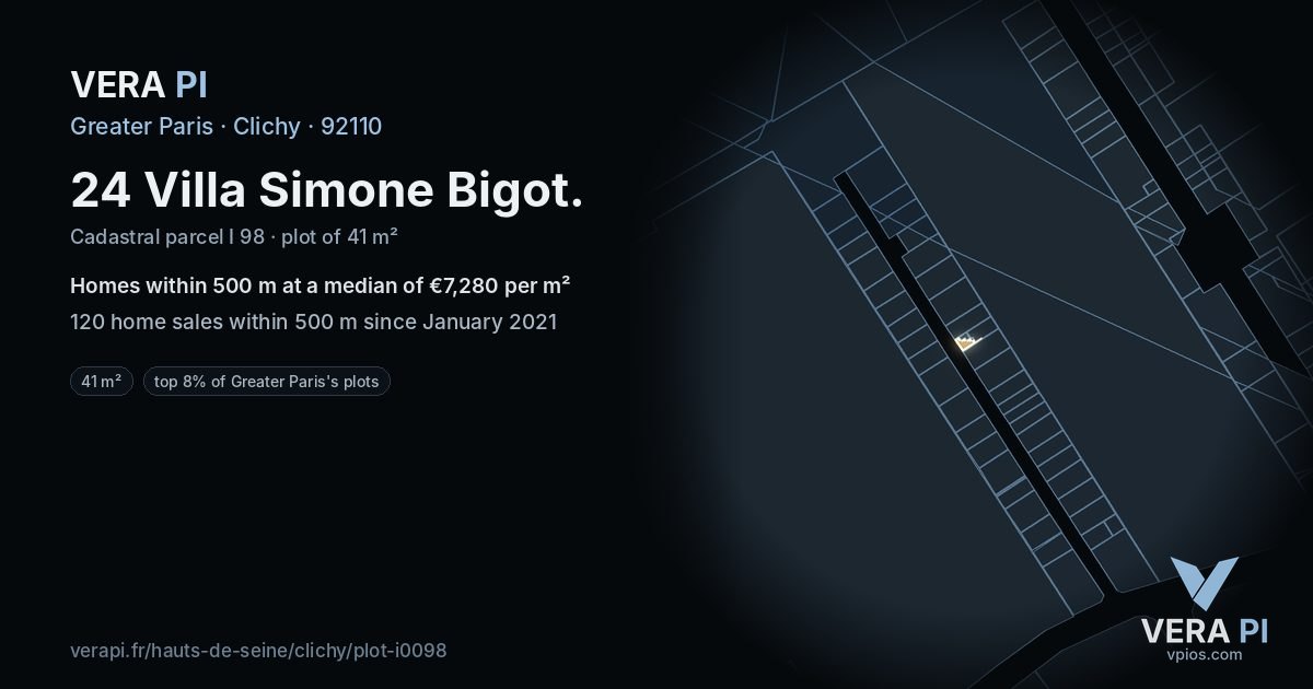 24 Villa Simone Bigot, Clichy at night – the plot lit, the parcels around coloured by the prices near them