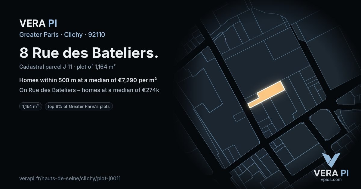 8 Rue des Bateliers, Clichy at night – the plot lit, the parcels around coloured by the prices near them