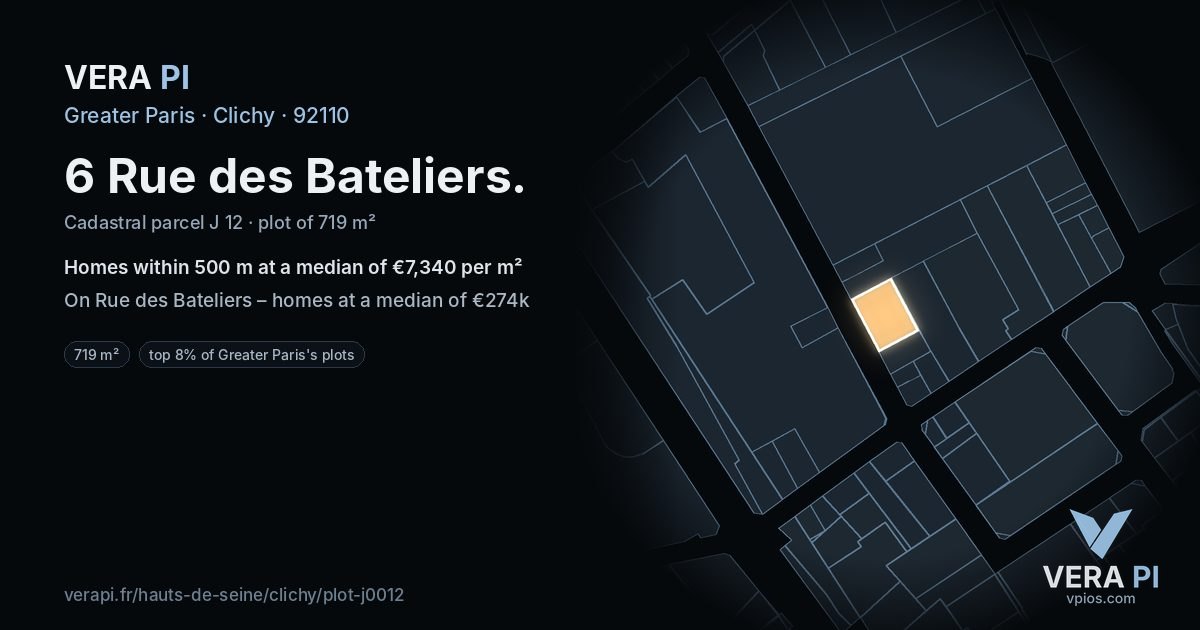 6 Rue des Bateliers, Clichy at night – the plot lit, the parcels around coloured by the prices near them
