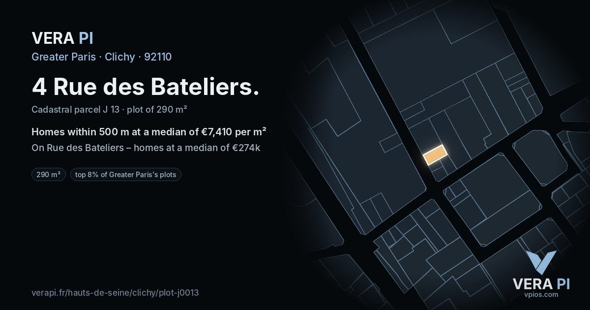 4 Rue des Bateliers, Clichy at night – the plot lit, the parcels around coloured by the prices near them