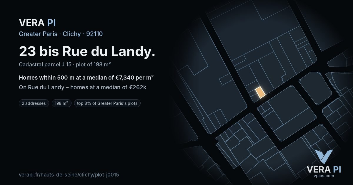 23 bis Rue du Landy, Clichy at night – the plot lit, the parcels around coloured by the prices near them