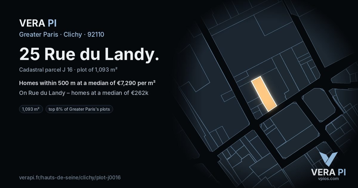 25 Rue du Landy, Clichy at night – the plot lit, the parcels around coloured by the prices near them