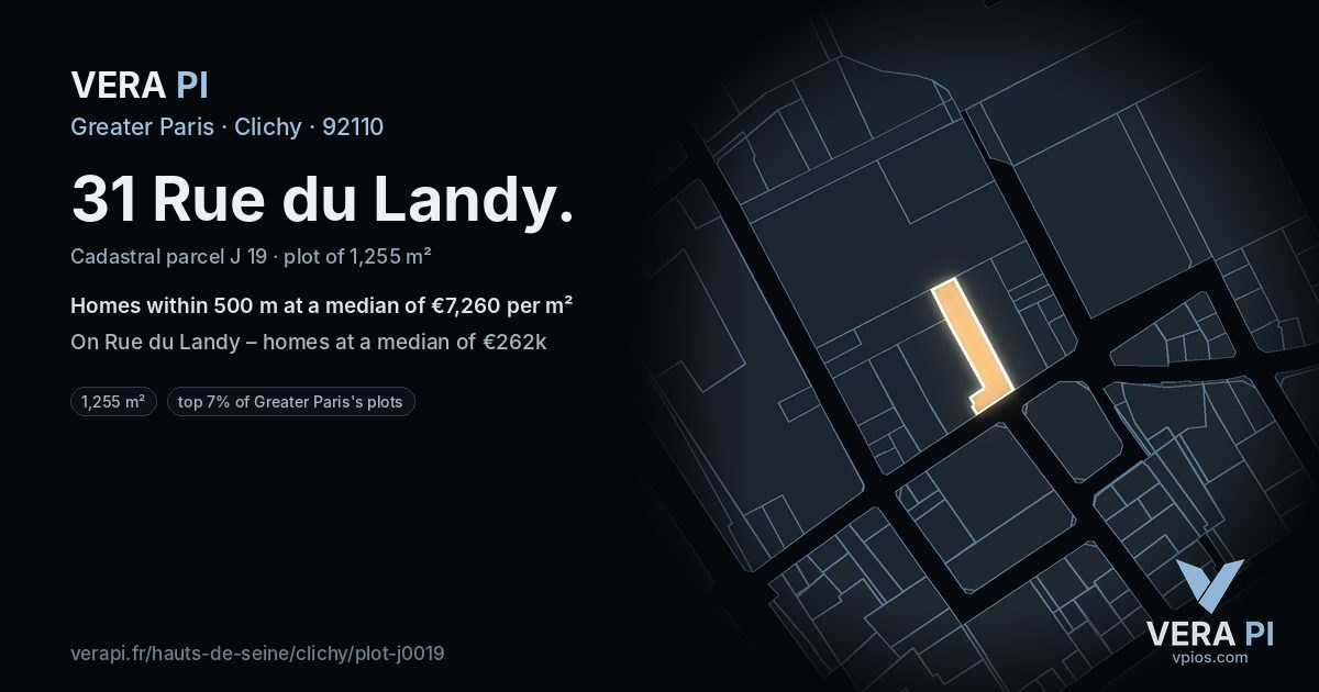 31 Rue du Landy, Clichy at night – the plot lit, the parcels around coloured by the prices near them