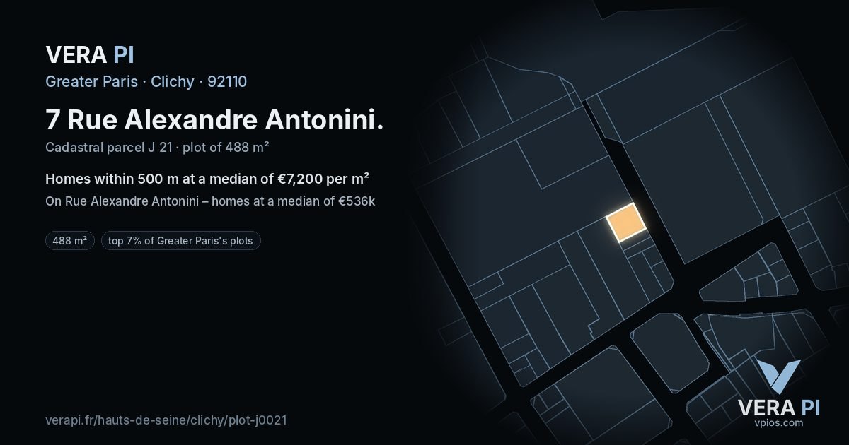 7 Rue Alexandre Antonini, Clichy at night – the plot lit, the parcels around coloured by the prices near them