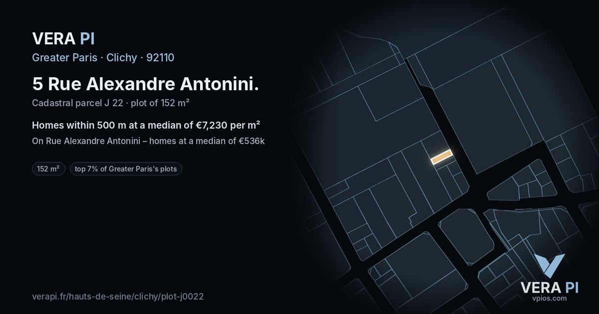 5 Rue Alexandre Antonini, Clichy at night – the plot lit, the parcels around coloured by the prices near them
